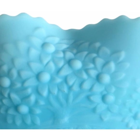 Fenton Bowl Blue Satin Cherry Chain and Orange Tree Vintage Art Glass 10" x 3" - Picture 2 of 7